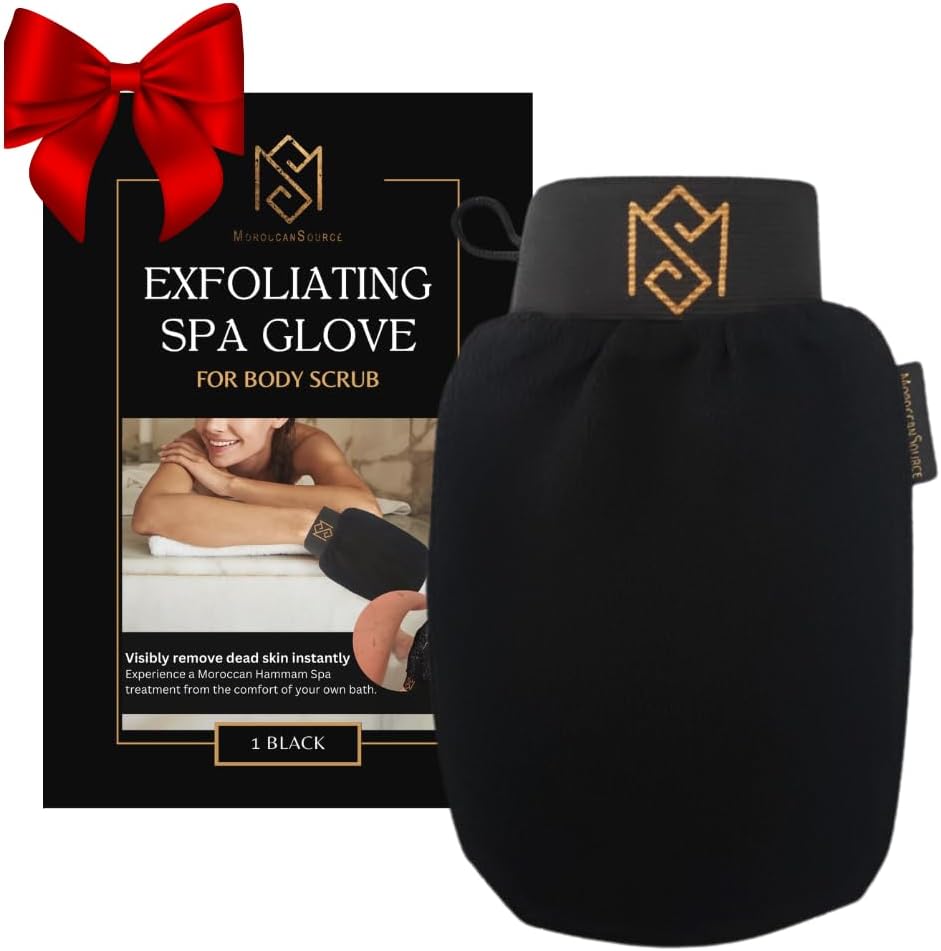Exfoliating Glove Kessa Mitt Body Scrubber - Dead Skin Remover Shower Glove for Dead Skin Scrubbing and Deep Pore Cleansing - by MoroccanSource (1 Pack Black)