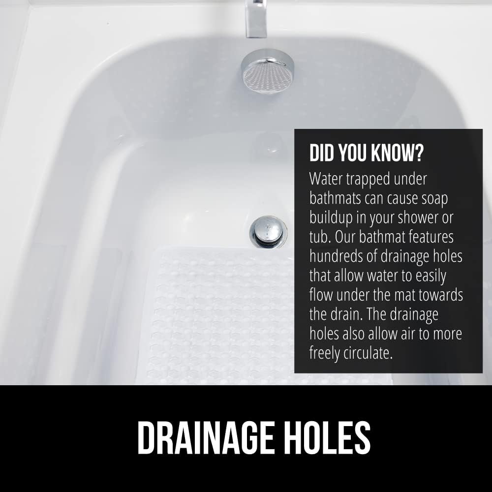 GORILLA GRIP Patented Bath Tub Shower Mat, 2 Pack, Machine Washable Bathtub Floor Liner Mats, Suction Cups and Drain Holes to Keep Tubs Clean, Soft on Feet, Bathroom Essentials, 35x16 Inch, White