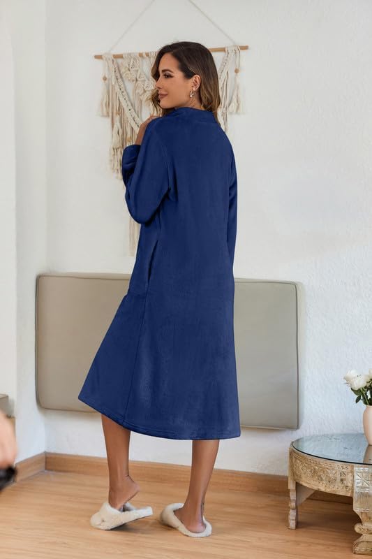 Ekouaer Women's Zip Up Robe Fleece Bathrobe Long Zipper Lounger Warm Housecoat Long Sleeve Nightgown with Pockets S-XXL