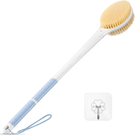 Back Scrubber Body Shower Brush: 20.5‘’ Extra Long Anti Slip Handle Bath Brush with Stiff and Soft Bristles - Showering Exfoliator Wet or Dry Brushing for Women, Men, Elderly (Blue)