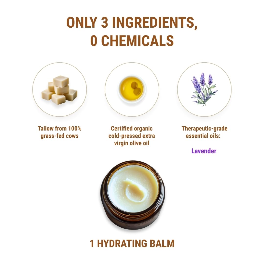 Vintage Tradition Beef Tallow All Purpose Balm - Healing, Hydrating Lavender Skin Care Salve Replaces Body Lotion, Hand Cream, More - Essential Oil, Olive Oil, and Grass-Fed Tallow, 2 fl. oz.
