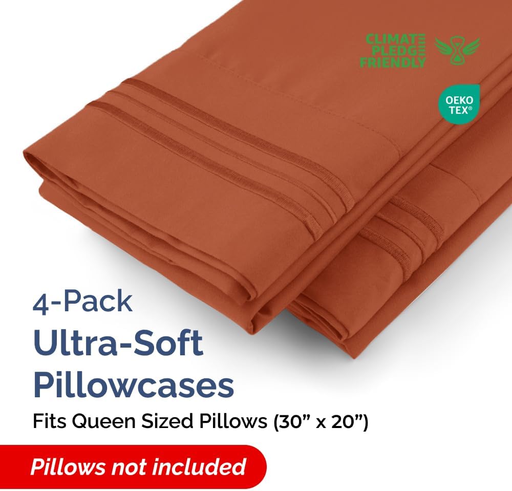 Queen Pillow Cases Set of 4 - Ultra Soft Hotel Quality Pillowcase Covers - Comfy, Cozy & Wrinkle Free - Shrink, Stain & Fade Resistant - Machine Washable Pillow Protectors - 4 Piece Set - Terracotta