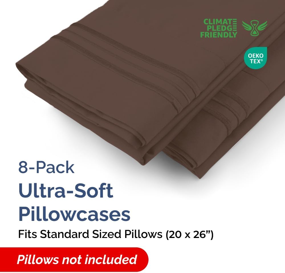 Standard Pillow Cases Set of 8 - Ultra Soft Hotel Quality Pillowcase Covers - Comfy, Cozy & Wrinkle Free - Shrink, Stain and Fade Resistant - Machine Washable Pillow Protectors - 8 Piece Set - Brown