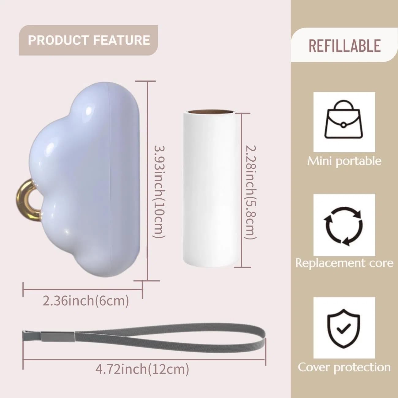 Portable Lint Roller 150 Sheets Travel Size, Mini Lint Roller for Clothes and Reusable Pet Hair Remover, Cute Small Sticky Dust Remover Refillable