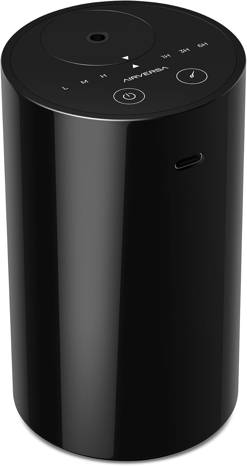Airversa Waterless Diffuser for Essential Oil, Battery Operated Nebulizer, 0.7 Fl.Oz./ 20mL Capacity, Mini Scent Air Machine, 3 Countdown Timers & 3 Mist Levels for Home Room Car Office - AN8 Black