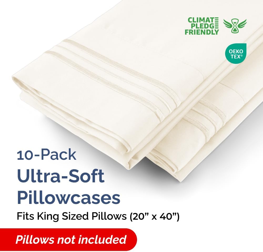 King Pillow Cases Set of 10 - Ultra Soft Hotel Quality Pillowcase Covers - Comfy. Cozy & Wrinkle Free - Shrink, Stain and Fade Resistant - Machine Washable Pillow Protectors - 10 Piece Set - Off White