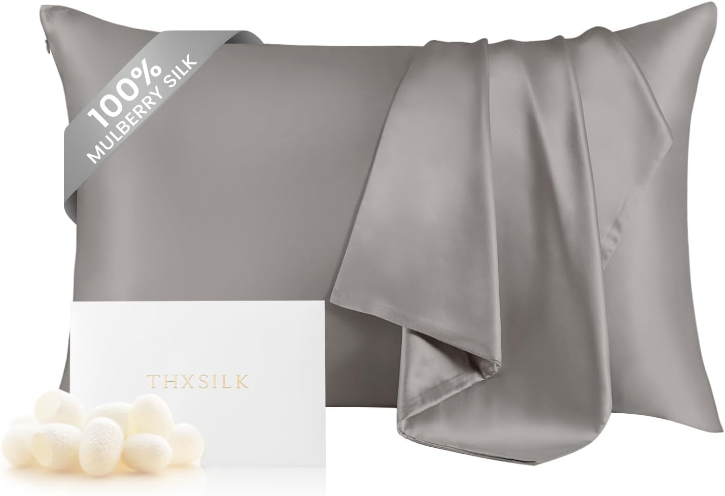 THXSILK 100% Mulberry Silk Pillowcase for Hair and Skin, Grade 6A+ Natural Silk Pillow Cover with Hidden Zipper, Soft Breathable Smooth Organic Silk Pillowcase(Grey, Queen Size 20"x30")