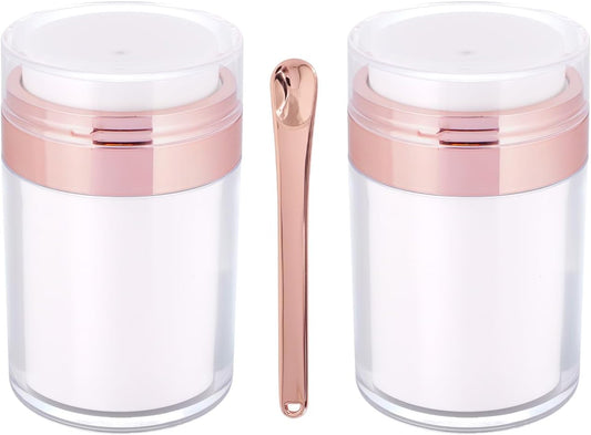 2Pack Airless Pump Jars with Cosmetic Spatula, 3.5 oz Empty Refillable Cosmetic Air Pump Jars Bottles Airless Lotion Cream Dispenser Portable Travel Makeup Containers (Rosegold)