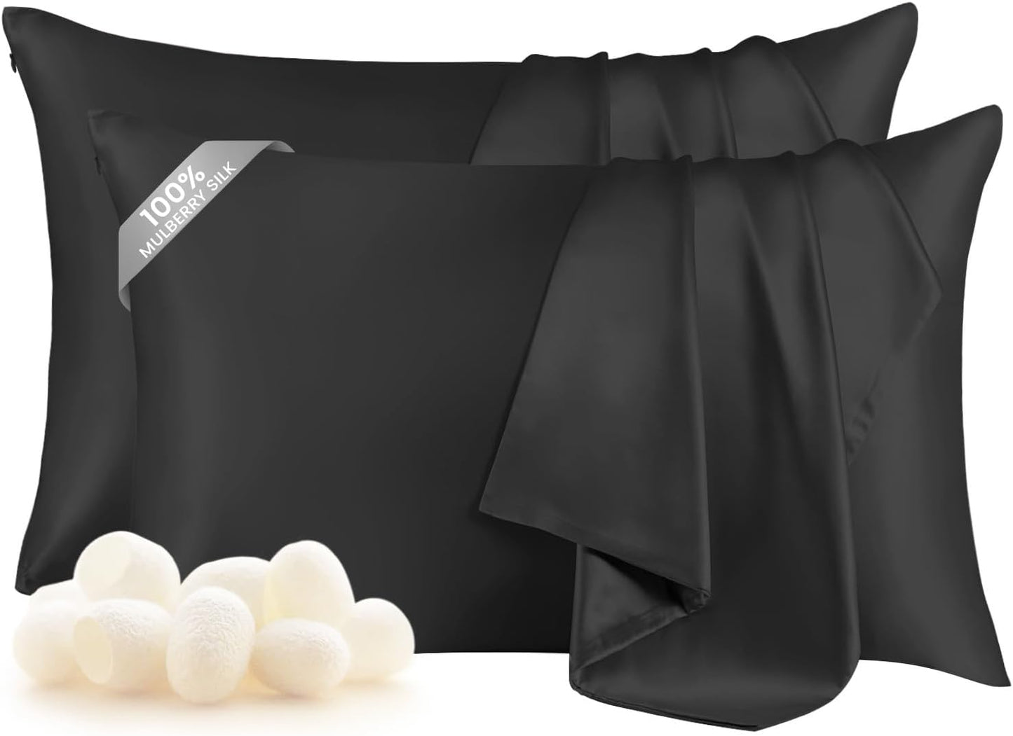 THXSILK Set of 2 Pure Mulberry Silk Pillowcases for Hair and Skin - Allergen Resistant Dual Sides, 19 Momme Silk Bed Pillow Cases with Hidden Zipper, Standard Size Silk Pillowcase(20"x26"), Black