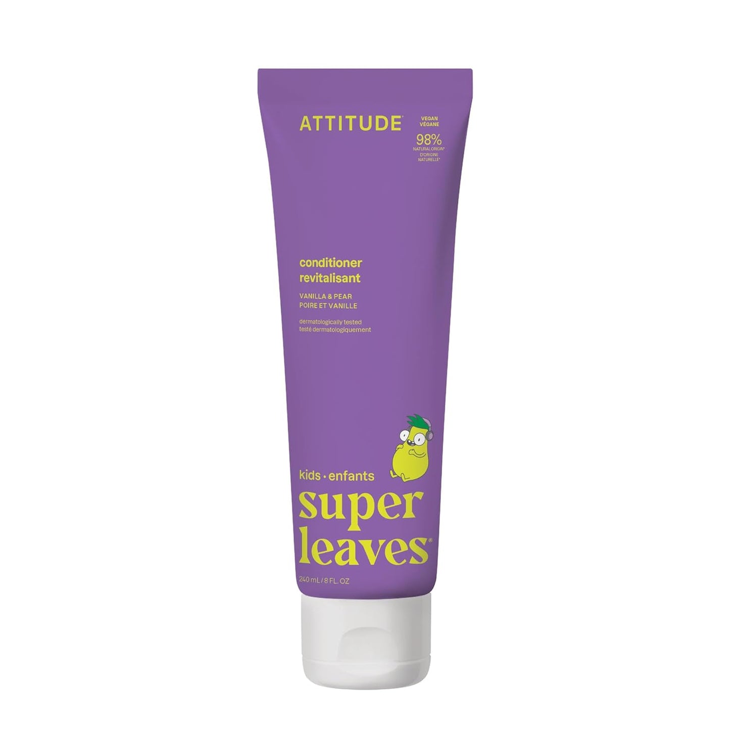 ATTITUDE Natural Conditioner for Kids, Hypoallergenic, Vegan, Plant- and Mineral-Based, Vegan and Cruelty-free, Vanilla and Pear, 8 Fl Oz (11115)