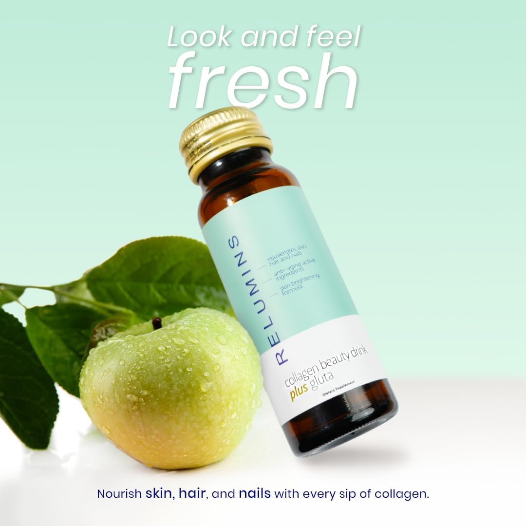 Relumins Advanced Collagen Beauty Drink with Glutathione, Hyaluronic Acid & Antioxidants - Post-Summer Skin Recovery & Made in USA - Apple Flavor - 20 Bottles x 50mL