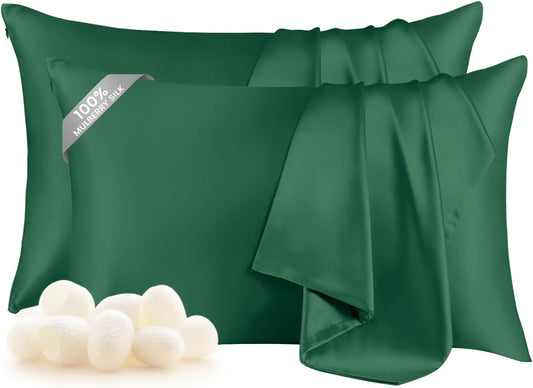 THXSILK Set of 2 100% Mulberry Silk Pillowcase for Hair and Skin, Real Mulberry Silk Both Sides, Smooth Breathable Natural Silk Sleep Pillow Cases with Hidden Zipper (Standard 20"x26", Emerald Green)