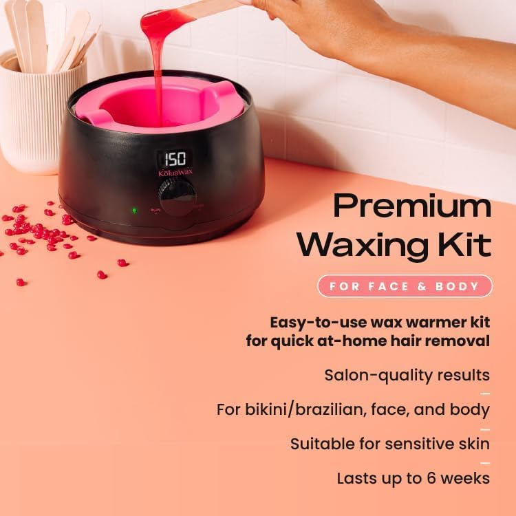 KoluaWax Premium Waxing Kit for Women - Hot Melt Wax Warmer for Hair Removal, Eyebrow, Bikini, Legs, Face, Brazilian Wax & More - Machine + 4-Pack Hard Wax Beads + Accessories, Black