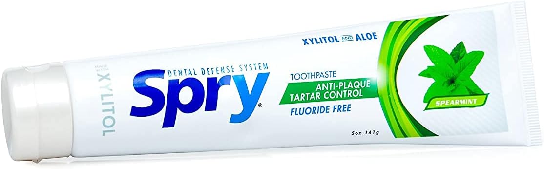 Spry Natural Xylitol Toothpaste 5oz for Adults and Kids - Fluoride Free, Gentle for Sensitive Teeth Whitening and Remineralizing, Breath Freshening, Mouth Moisturizing, Spearmint (Pack of 2)