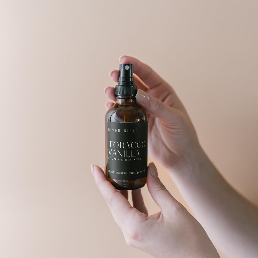 River Birch Luxury Linen and Room Spray - Tobacco Vanilla Home Signature Scent - Room Fragrance Spray - Fragrant Fresh Linen Air Freshener For Bedding - Handmade in Texas - 4 oz Glass Amber Bottle