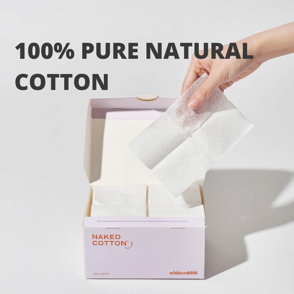 White Rabbit – Naked Cotton Textured – Unbleached Perforated Cotton Pads for Toner, Makeup Removal & Masks | Lint-Free, Exfoliating, Natural & Cruelty-Free | Korean Skin Care Product (100 Count)