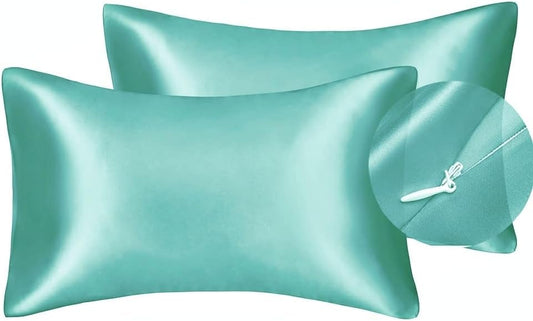 Juwenin Bedding,Super Soft and Luxury Silky Satin Pillowcase with Zipper (Silky Satin Pillow Case for Hair) Set of 2 (Aqua, King(20''x36'))