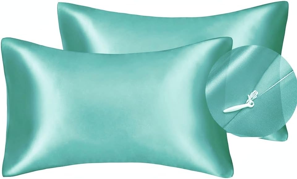 Juwenin Bedding,Super Soft and Luxury Silky Satin Pillowcase with Zipper (Silky Satin Pillow Case for Hair) Set of 2 (Aqua, Queen(20''x29''))