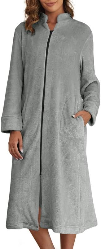 Ekouaer Women's Zip Up Robe Fleece Bathrobe Long Zipper Lounger Warm Housecoat Long Sleeve Nightgown with Pockets S-XXL