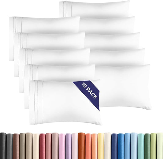 Queen Pillow Cases Set of 10 - Ultra Soft Hotel Quality Pillowcase Covers - Comfy & Wrinkle Free - Shrink, Stain & Fade Resistant - Easy-Care, Machine Washable Pillow Protectors - 10 Pcs Set - White