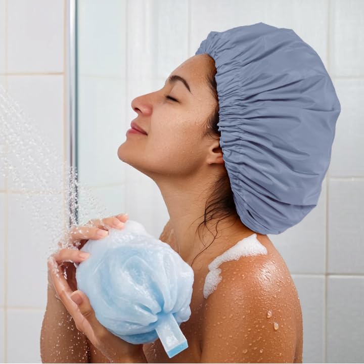 Reusable Shower Cap for Women, Large Waterproof Shower Essentials Bonnet Washable Elastic Band Bath Hair Wrap Hat for Long Hair, Braids(Gray)