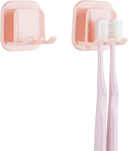 2 PCS Self-Adhesive Toothbrush Holders Wall Mounted, Water Proof Toothbrush Hook, 2 in 1 with Toothbrush Hanger and Gargle Cup Holder for Bathroom Shower (Pink)