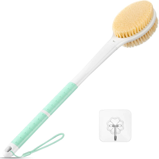 Back Scrubber Body Shower Brush: Anti Slip Long Handle Bath Brush with Stiff and Soft Bristles - Showering Exfoliator Wet or Dry Brushing for Women, Men, Elderly (Mint Green)