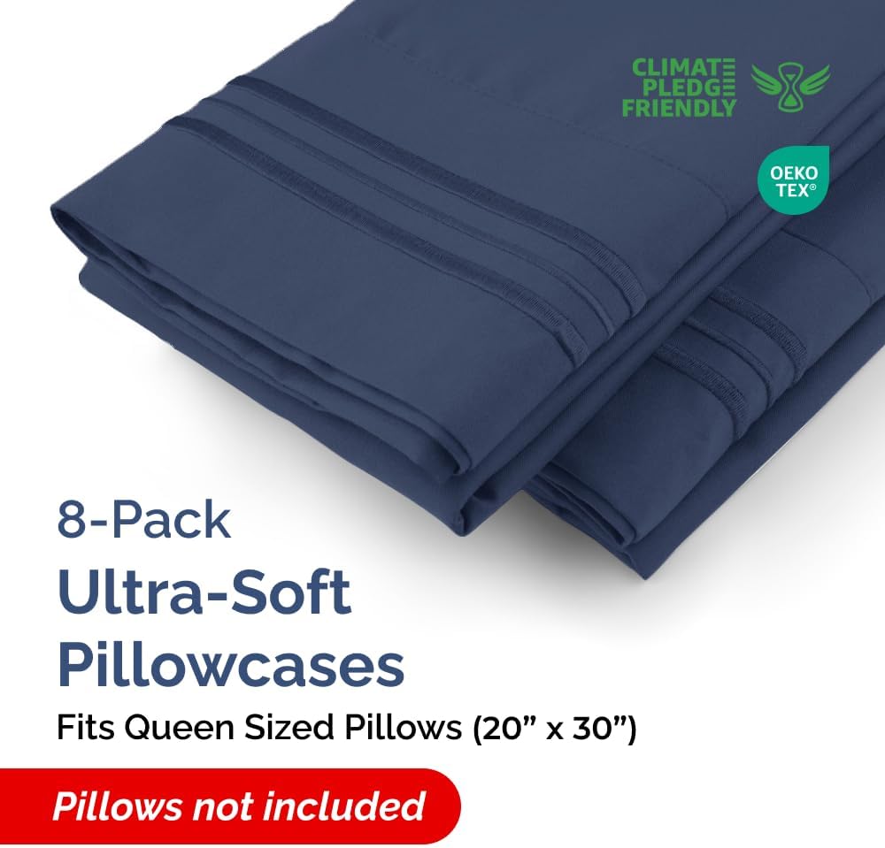 Queen Pillow Cases Set of 8 - Ultra Soft Hotel Quality Pillowcase Covers - Comfy, Cozy & Wrinkle Free - Shrink, Stain and Fade Resistant - Machine Washable Pillow Protectors - 8 Piece Set - Navy Blue