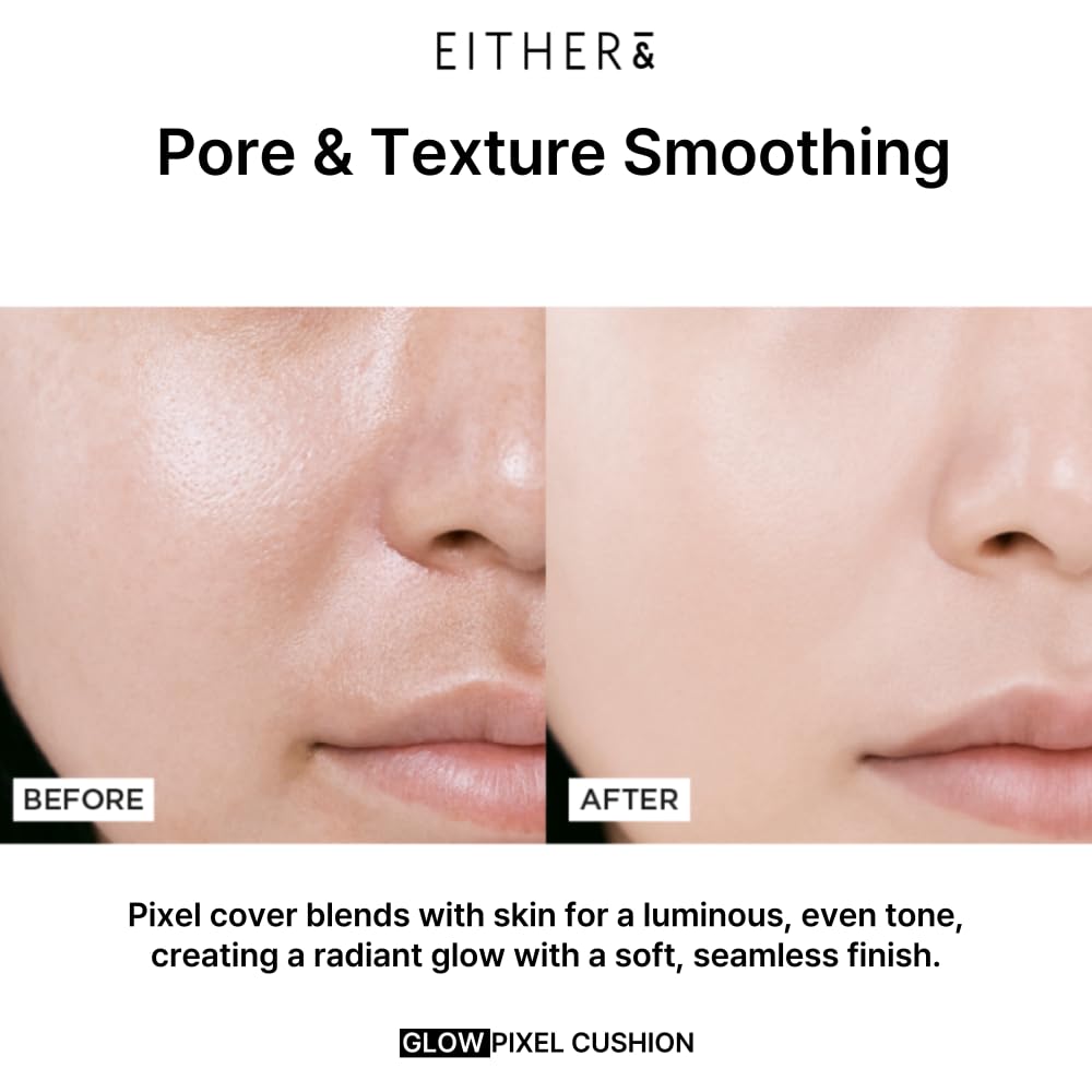 EITHER& Glow Pixel Cushion Foundation, Glowy Skincare, Korean Makeup, Natural Coverage, Moisturizing, Lightweight, Long Lasting Coverage for Flawless Skin (40N Espresso)