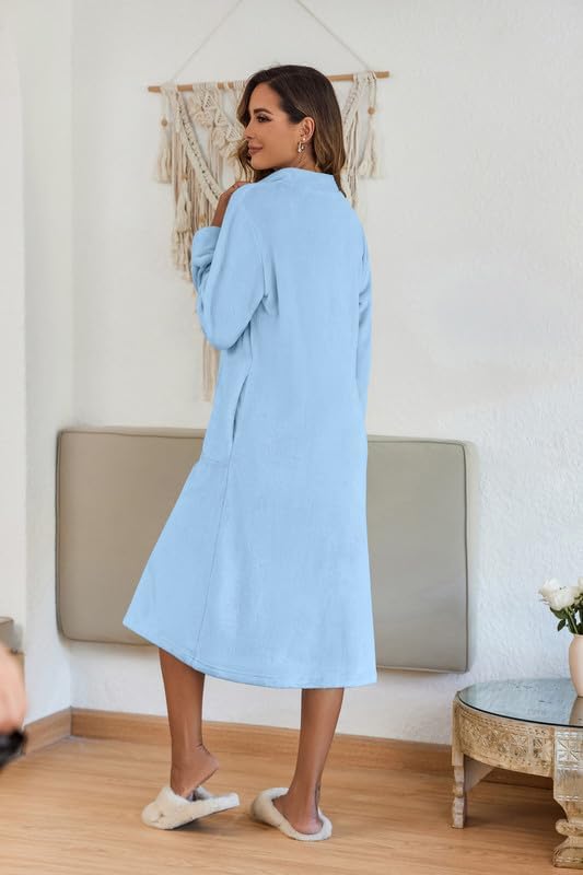 Ekouaer Women's Zip Up Robe Fleece Bathrobe Long Zipper Lounger Warm Housecoat Long Sleeve Nightgown with Pockets S-XXL