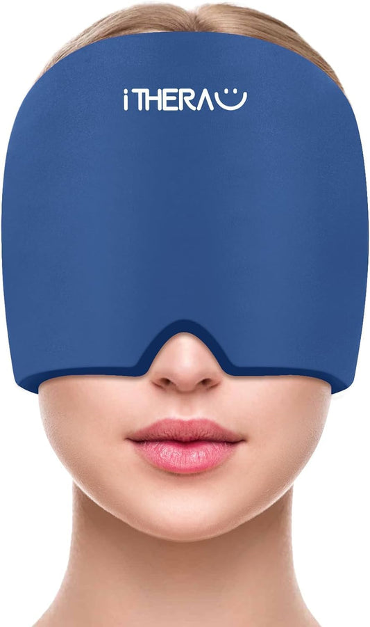 iTHERAU Migraine Relief Cap，Migraine Ice Head Wrap，Headache Ice Hat，Cold Therapy Headache Relief Cap for Migraine Eyes Mask Dark Blue Headache Ice Pack Stress Relief