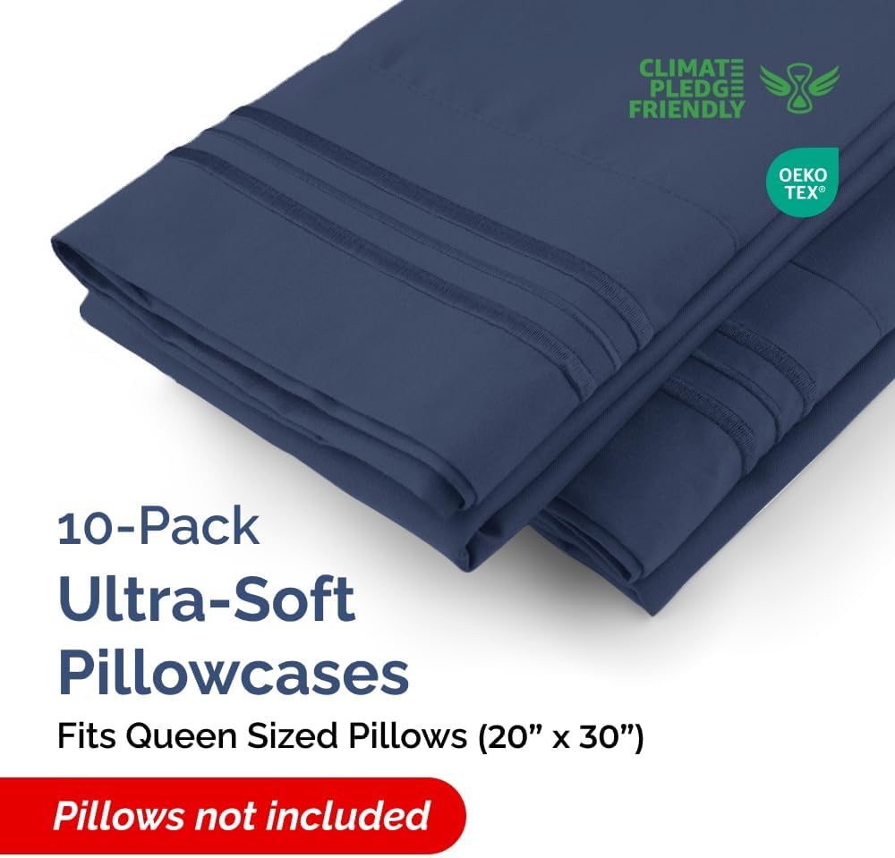 Queen Pillow Cases Set of 10 - Ultra Soft Hotel Quality Pillowcase Covers - Comfy, Cozy & Wrinkle Free - Shrink, Stain and Fade Resistant - Machine Washable Pillow Protectors - 10 Pcs Set - Navy Blue