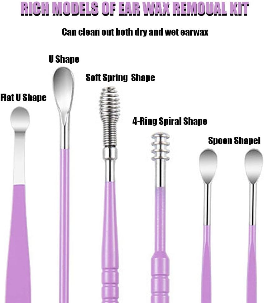 6 Pcs Ear Pick Ear wax Removal Kit Cleansing Tool Set Curette Cleaner 360° Spiral Design Canal Cleaner Stainless Steel,with a Storage Box Portable Kit for Home and Travel(Purple) 11.7*2.8*2cm