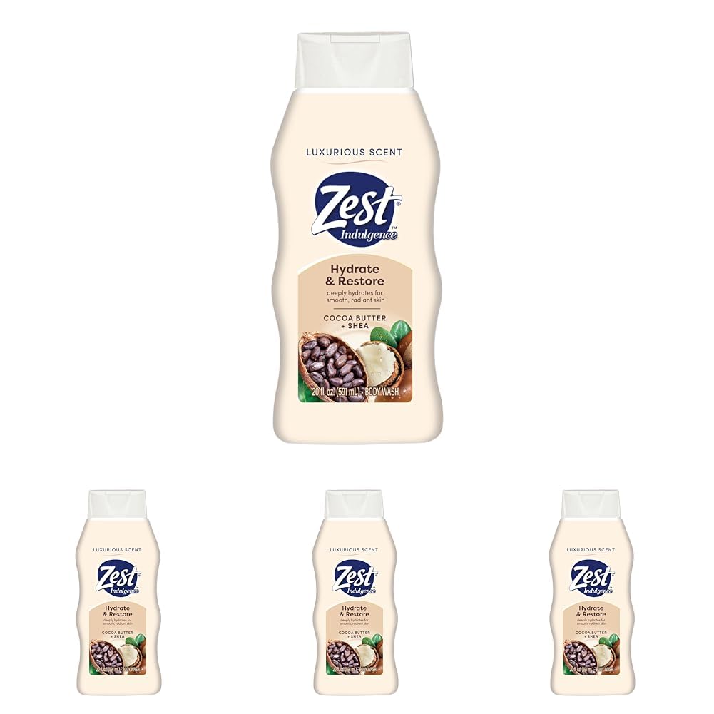 Zest Body Wash - Enriched with Wild Cocoa Butter and Shea - Hydrating Body Soap - Suitable for All Skin Types - Cocoa Butter and Shea - 20 oz (Pack of 4)
