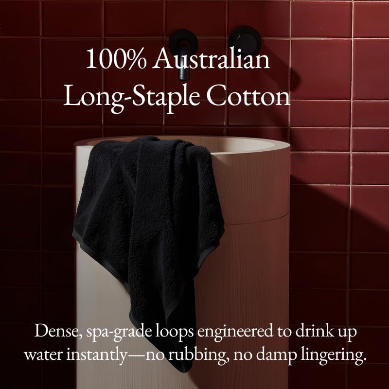 Italic Ultraplush 100% Australian Cotton Towels Standard 6 Piece Set, 2 Bath, 2 Hand, 2 Washcloths, 800GSM Lightweight, Highly Absorbent Quick Dry Soft Resort Grade Towels (Black)