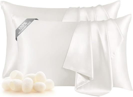 THXSILK Set of 2 100% Silk Pillowcase for Hair and Skin, Both Sides Grade 6A+ Mulberry Silk Pillow Case with Hidden Zipper, Soft and Smooth White Pillowcase, Queen Size 20"x30"