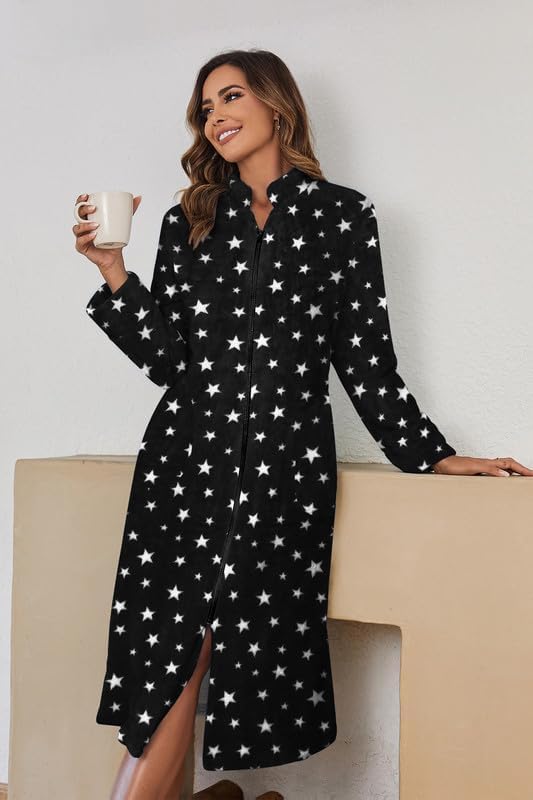 Ekouaer Women's Zip Up Robe Fleece Bathrobe Long Zipper Lounger Warm Housecoat Long Sleeve Nightgown with Pockets S-XXL