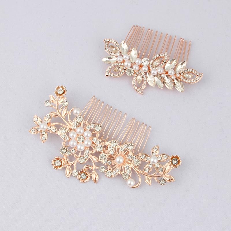 2pcs rose gold wedding hair comb set, crystal pearl floral design, bride hair accessories for ladies