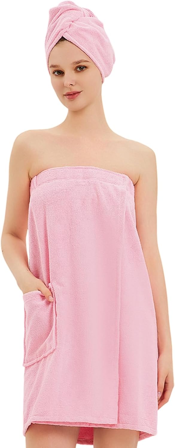 Womens Bath Body Wrap & Hair Towel Shower Spa Wrap Robe Adjustable Closure Bathrobe