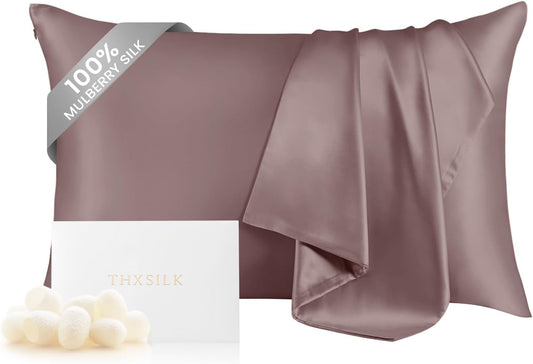 THXSILK Natural 100% Mulberry Silk Pillowcase for Hair and Skin, Standard Size 20"x26" Silk Pillow Case, Soft Smooth Cooling Premium Grade 6A+ Silk Pillow Cover with Zipper(Purple, 1pc)