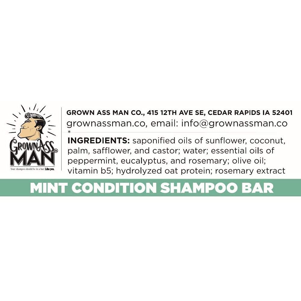 Grown Ass Man Co. - Solid Shampoo Bar Rich Lather 3 in 1: Hair, Beard & Body Wash - Plastic Free & Eco-Friendly, Natural & Organic Clean for All Hair Types, 4oz Bar (Mint Condition, 3-Pack)