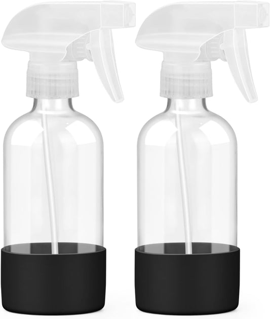 2 Pack Glass Spray Bottles 8 oz, Empty Refillable Containers with Silicone Sleeve Protection, Glass Spray Bottles for Cleaning Solutions, Hair and Plants with Adjustable Nozzles Black