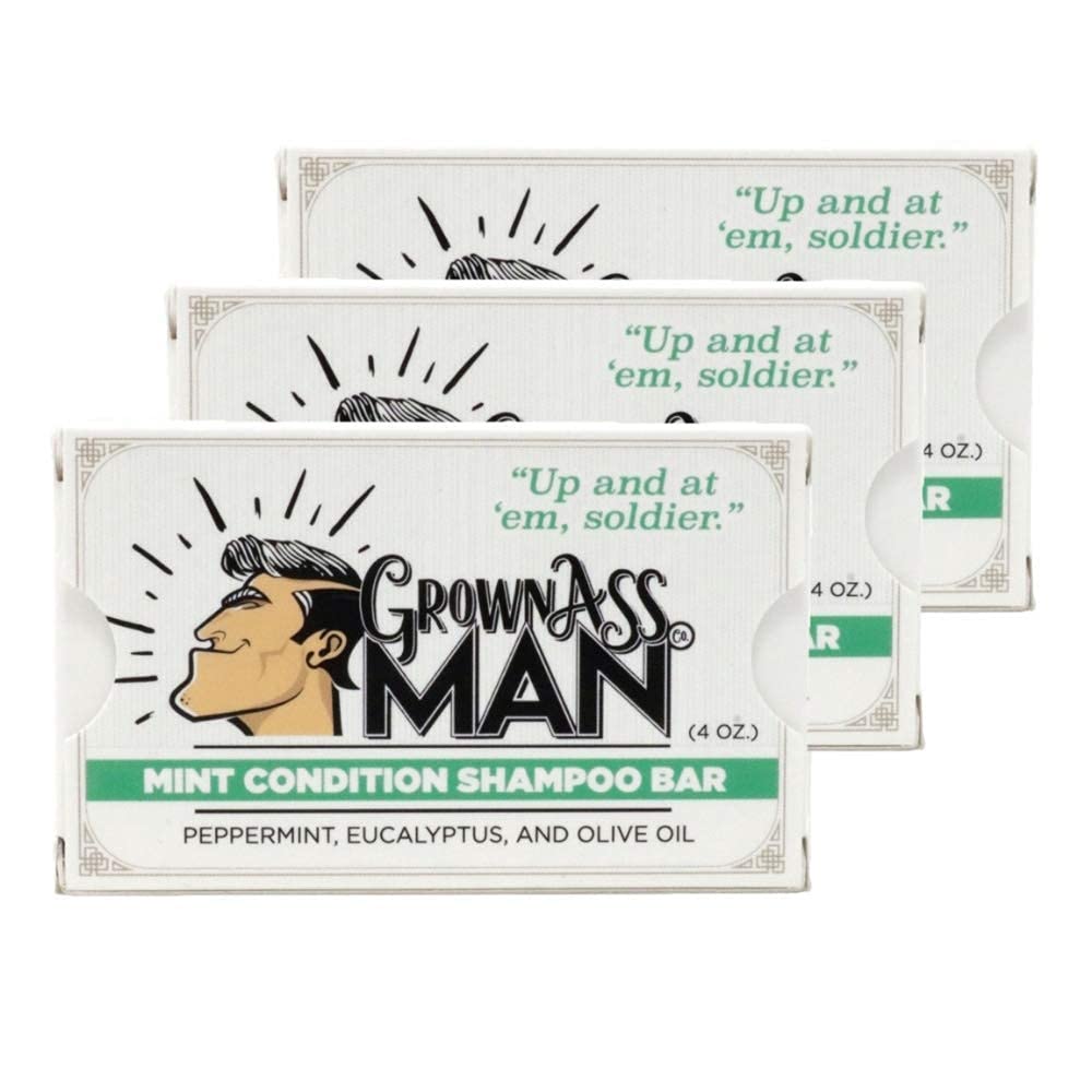 Grown Ass Man Co. - Solid Shampoo Bar Rich Lather 3 in 1: Hair, Beard & Body Wash - Plastic Free & Eco-Friendly, Natural & Organic Clean for All Hair Types, 4oz Bar (Mint Condition, 3-Pack)