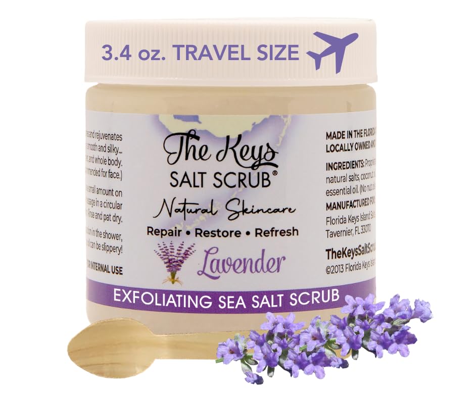 The Keys Salt Scrub - Lavender Sea Salt Scrub - Exfoliating Body Scrub with Wooden Spoon - Moisturizing Exfoliator for Face, Hands, Foot, Bath, Manicure & Pedicure, and Bikini Area Skin Care (3.4 oz.)