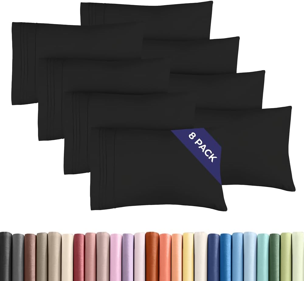 Queen Pillow Cases Set of 8 - Ultra Soft Hotel Quality Pillowcase Covers - Comfy & Wrinkle Free - Shrink, Stain and Fade Resistant - Easy-Care, Machine Washable Pillow Protectors - 8 Piece Set - Black