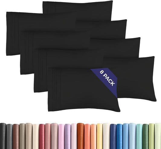 Queen Pillow Cases Set of 8 - Ultra Soft Hotel Quality Pillowcase Covers - Comfy & Wrinkle Free - Shrink, Stain and Fade Resistant - Easy-Care, Machine Washable Pillow Protectors - 8 Piece Set - Black