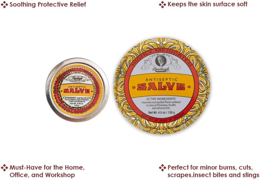 Rawleigh Antiseptic Yellow Salve Small Tin: 0.96 oz, Natural, Multi-Purpose Ointment Soothes Skin Cuts, Bruises, Irritations, with Turpentine, Phenol, Cottonseed Oil, Original Formula - Pack of 6