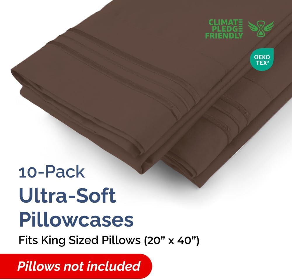 King Pillow Cases Set of 10 - Ultra Soft Hotel Quality Pillowcase Covers - Comfy & Wrinkle Free - Shrink, Stain and Fade Resistant - Easy-Care, Machine Washable Pillow Protectors - 10 Pcs Set - Brown