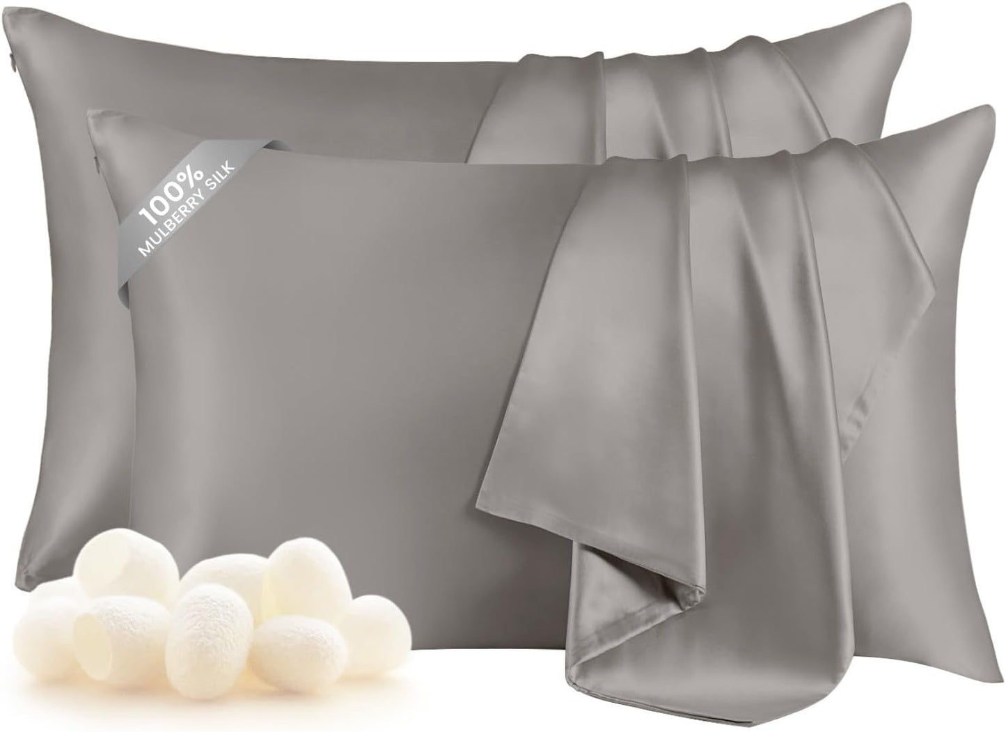 THXSILK Set of 2 100% Mulberry Silk Pillowcases for Hair and Skin, 19 Momme Natural Silk Pillow Cover with Hidden Zipper, Soft Breathable Smooth Organic Silk Pillowcase(Grey, Queen Size 20"x30")