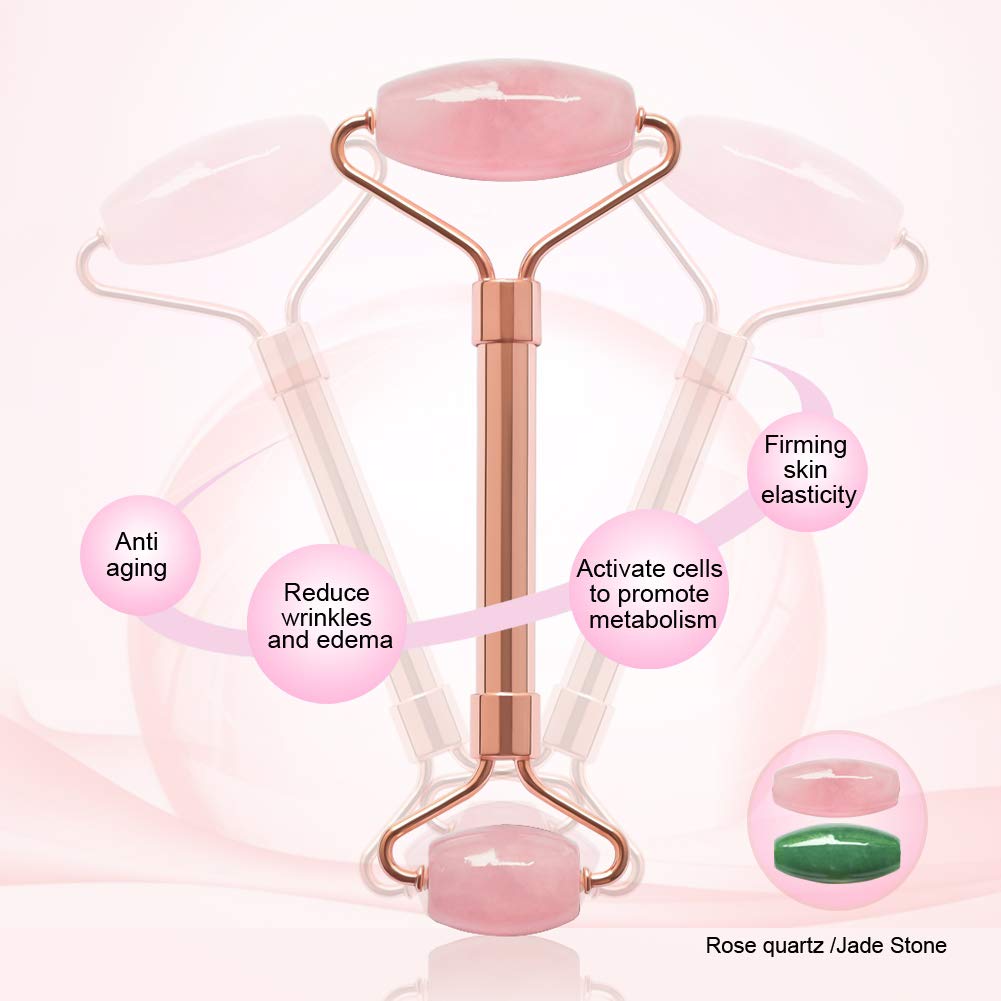 2 Pack Jade Facial Roller & Rose Quartz Face Roller for Wrinkles and Puffiness, Natural Jade Stone Face Massager Roller